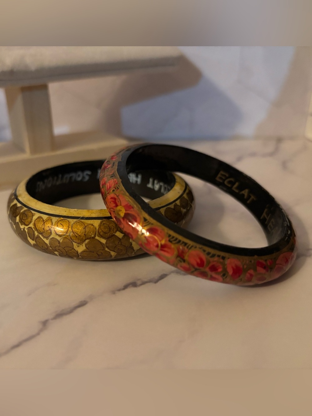 Hand-Painted Floral Wood Bangle Set- Gold & Red